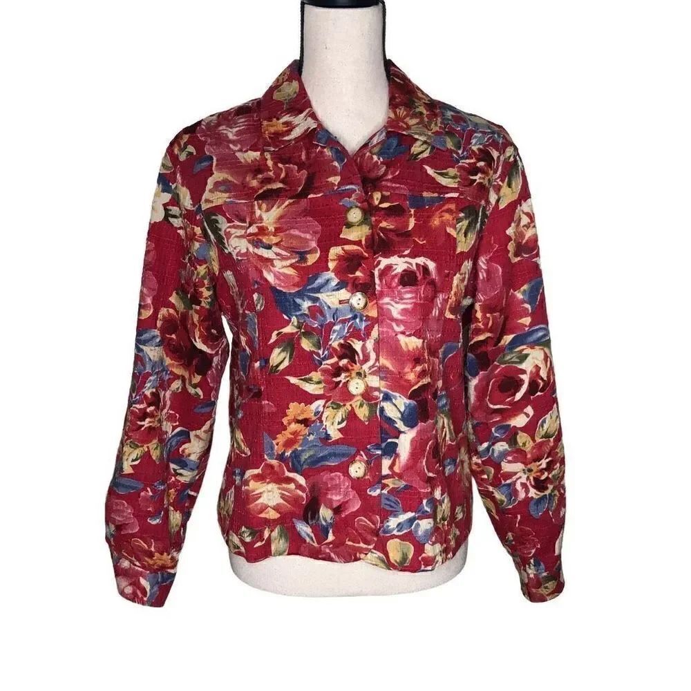 Coldwater Creek Red Floral Print Cotton Cottagecore Jacket Size PM